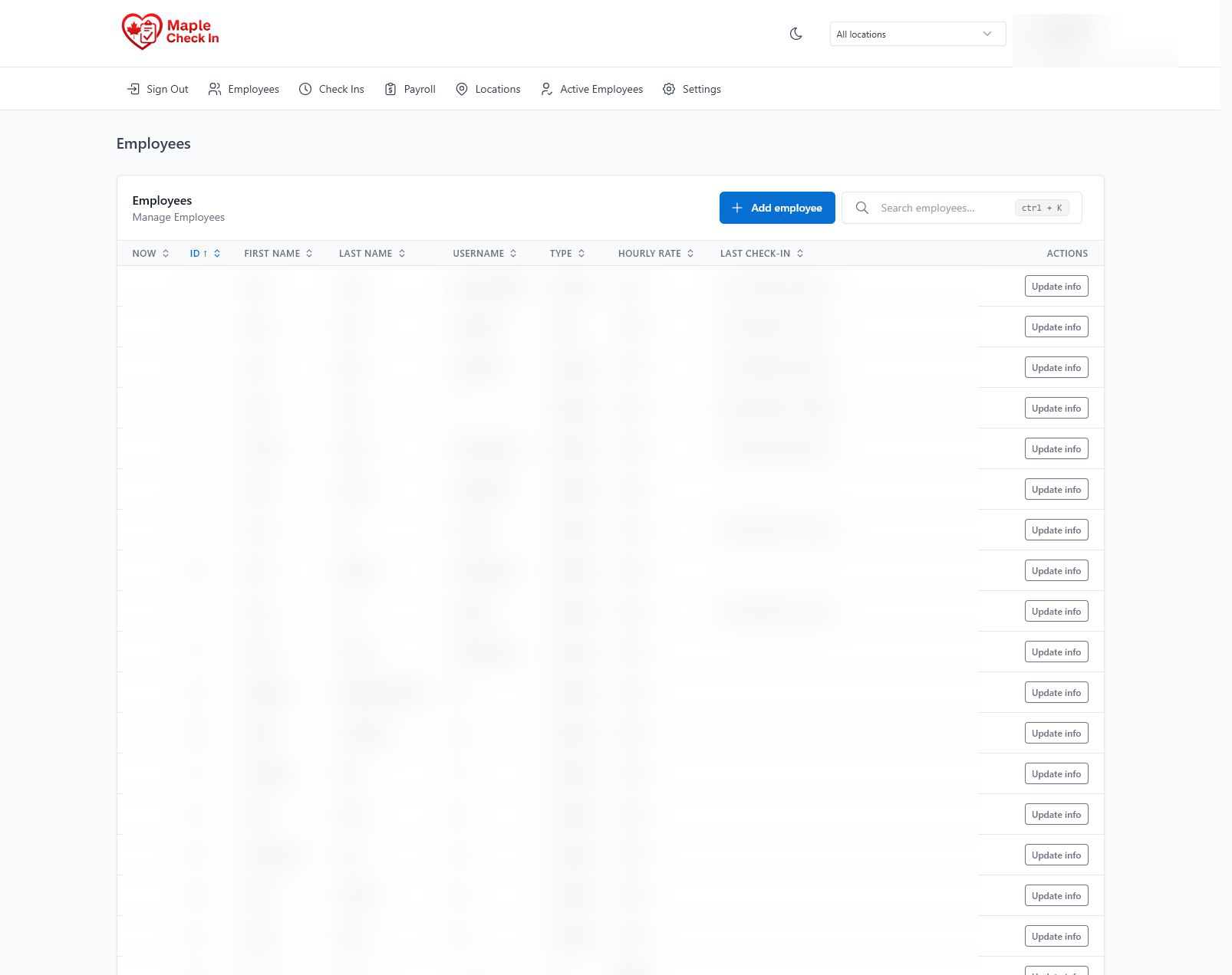 Check-in operations system employee management screen with private employee details blurred.